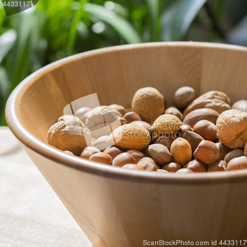 Image of Nuts in wooden bowl.