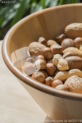 Image of Nuts in wooden bowl.