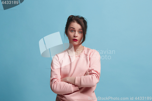 Image of Beautiful bored woman bored isolated on blue background