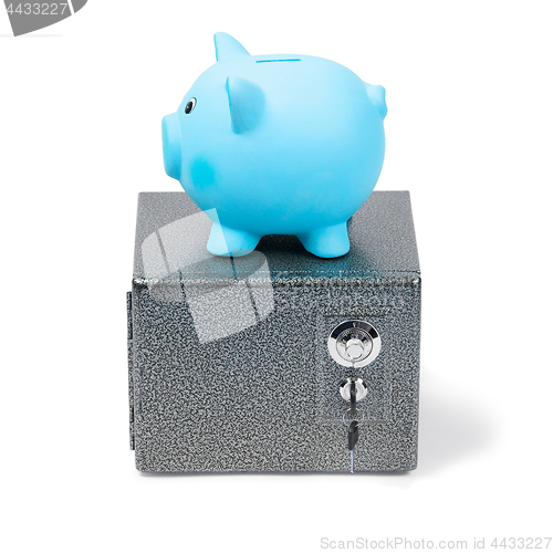 Image of Blue ceramic piggy bank standing on a safe