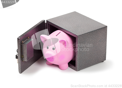 Image of Blue ceramic piggy bank in a safe