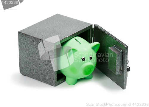 Image of Green ceramic piggy bank in a safe