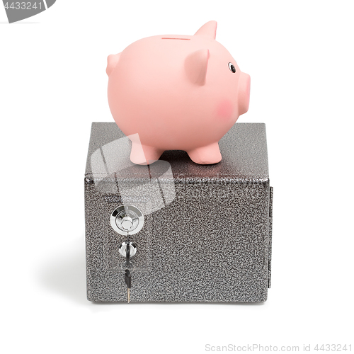 Image of Piggy bank standing on a safe