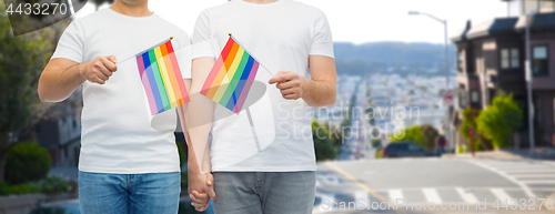 Image of male couple with gay pride flags holding hands