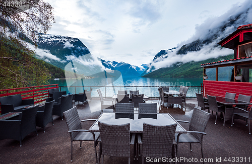 Image of Cafe on the nature background lovatnet lake.