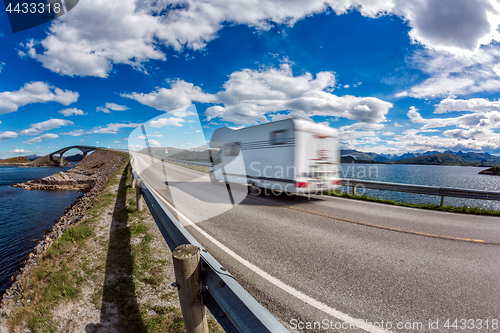 Image of Norway. Caravan car travels on the highway.