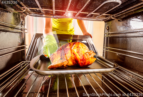 Image of Cooking chicken in the oven at home.