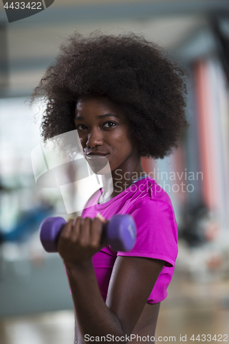 Image of woman working out in a crossfit gym with dumbbells