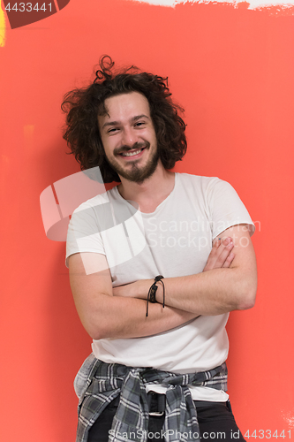 Image of young man with funny hair over color background