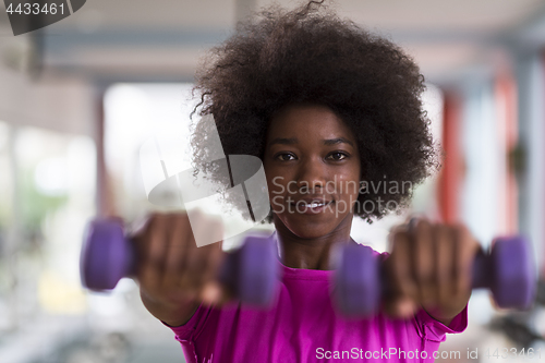 Image of woman working out in a crossfit gym with dumbbells