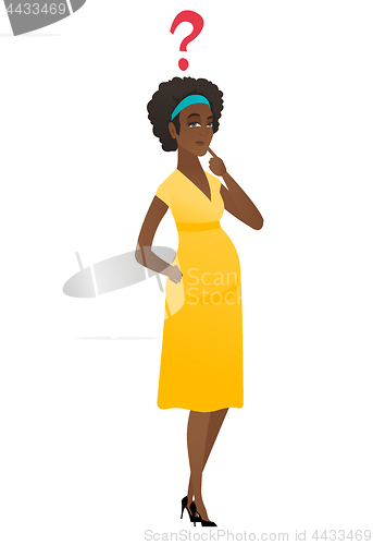 Image of Thinking pregnant woman with question mark.