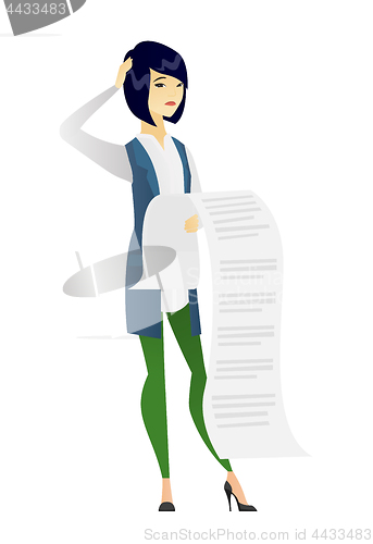 Image of Business woman holding long bill.