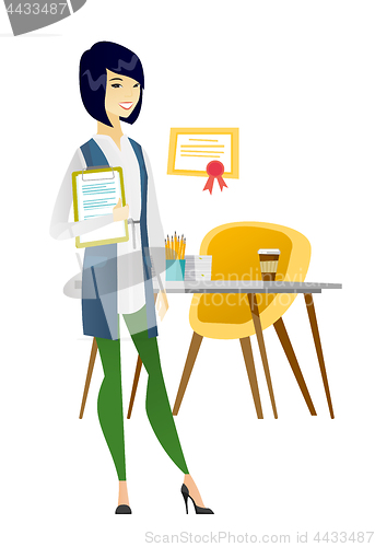 Image of Business woman holding clipboard with documents.