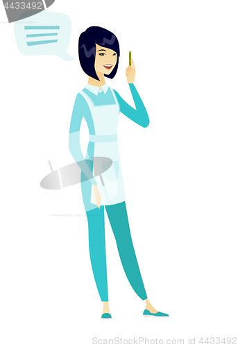 Image of Young asian cleaner with speech bubble.