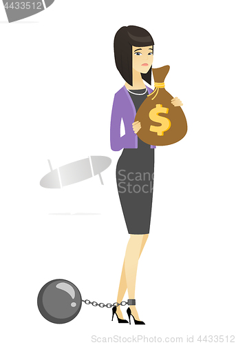 Image of Chained woman with bag full of taxes.