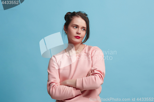 Image of Beautiful bored woman bored isolated on blue background