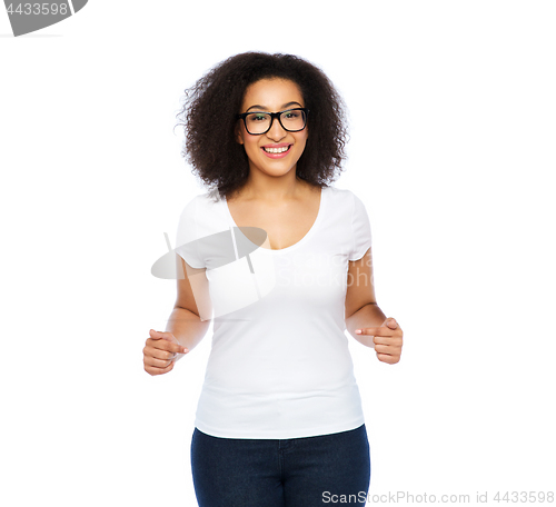 Image of african american woman in white t-shirt