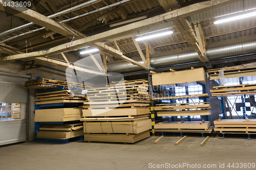 Image of boards storing at woodworking factory warehouse