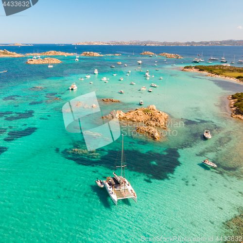 Image of Drone aerial view of catamaran sailing boat in Maddalena Archipelago, Sardinia, Italy.