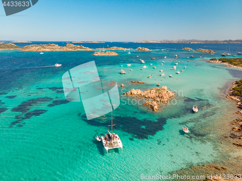 Image of Drone aerial view of catamaran sailing boat in Maddalena Archipelago, Sardinia, Italy.