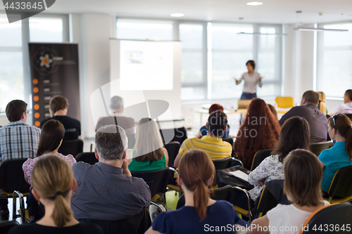 Image of Speaker giving presentation on business conference.