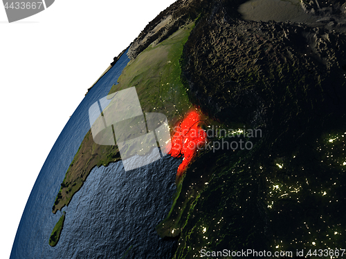 Image of Bangladesh in red on Earth at night