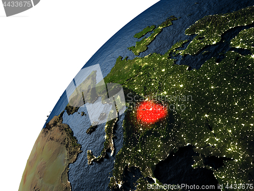 Image of Hungary in red on Earth at night