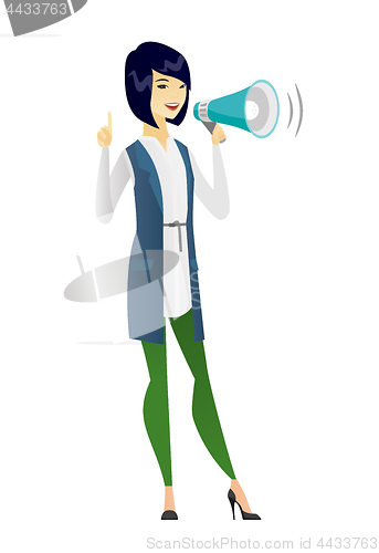 Image of Asian business woman talking into loudspeaker.