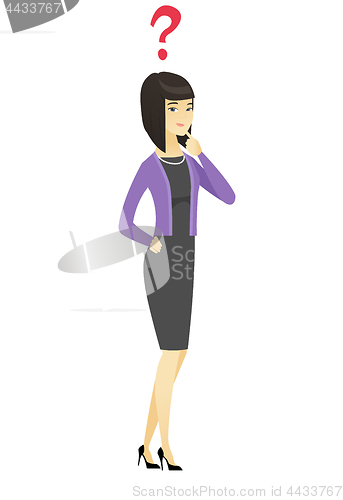 Image of Thinking business woman with question mark.