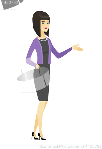 Image of Business woman with arm out in a welcoming gesture