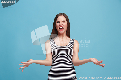 Image of Portrait of an argue woman looking at camera isolated on a blue background