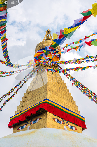 Image of Boudhanath Stupa and prayer flags in Kathmandu