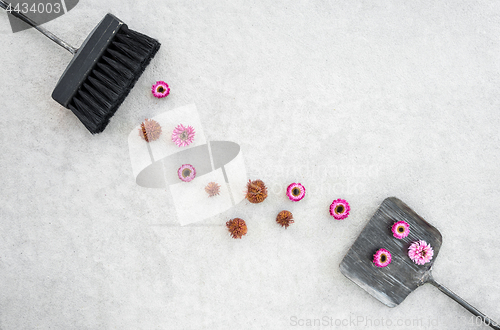 Image of Pink flowers, brush and dustpan on concrete floor