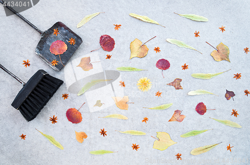 Image of Autumn leaves, brush and dustpan on concrete background