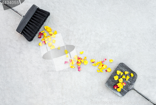 Image of Yellow rose petals, brush and dustpan on concrete floor
