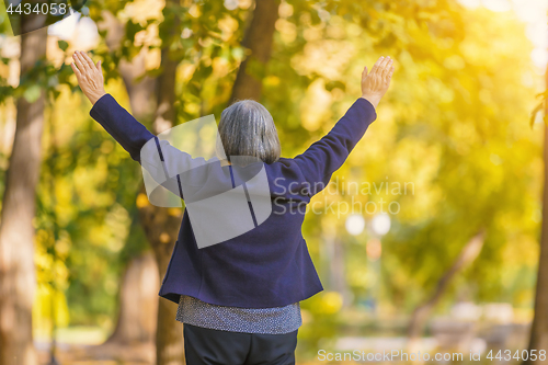 Image of Happy woman with arms outstretched