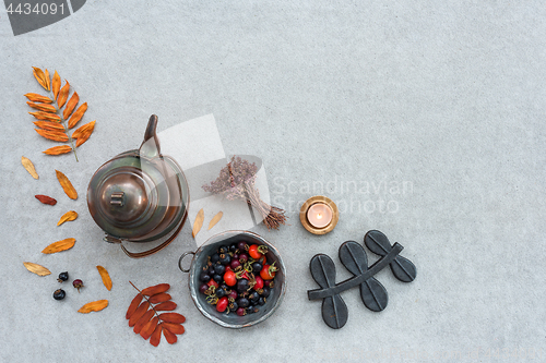 Image of Rustic autumn composition with cozy candlelight