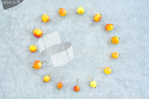 Image of Circle of wild cherry apples on concrete background