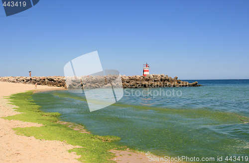 Image of Beach with pier og lighthouse