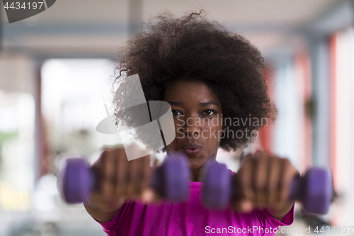 Image of woman working out in a crossfit gym with dumbbells