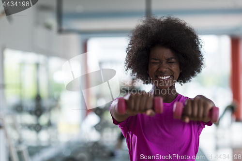 Image of woman working out in a crossfit gym with dumbbells