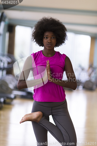 Image of african american woman exercise yoga in gym