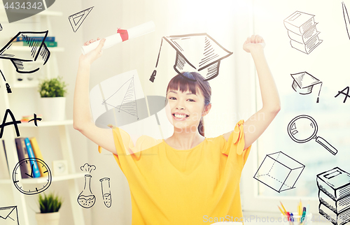 Image of happy asian woman student with diploma at home