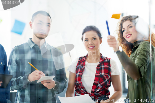 Image of creative team writing on glass board at office