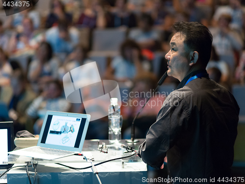 Image of Public speaker giving talk at Business Event.