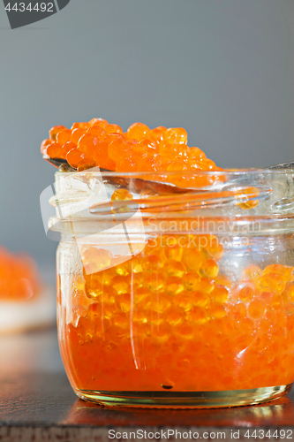 Image of Macro shot of red caviar on jar