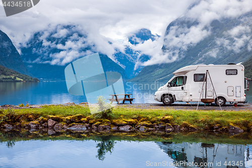 Image of Family vacation travel RV, holiday trip in motorhome