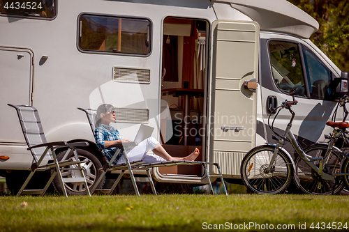 Image of Family vacation travel, holiday trip in motorhome RV