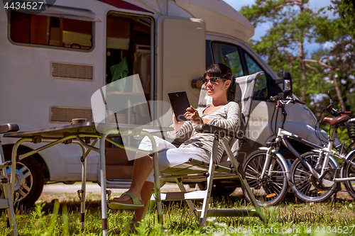 Image of Family vacation travel, holiday trip in motorhome RV