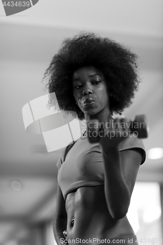 Image of woman working out in a crossfit gym with dumbbells